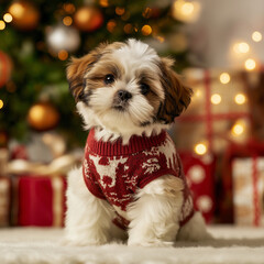 Shih Tzu's First Christmas: Adorable Puppy in Holiday Sweater