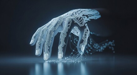 Digital hand circuit board illustration on dark background representing technology