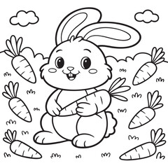 Obraz premium Cute cartoon bunny rabbit holding a carrot surrounded by carrots Keywords: bunny, rabbit, cartoon, drawing, outline, black and white, animal, pet, cute, happy, smiling, character, illustration