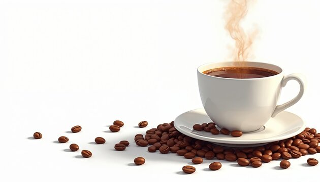 White coffee cup on saucer with steam rising. Coffee beans scattered around cup and saucer. Hot beverage in morning. Aromatic drink with brown coffee beans on white background.