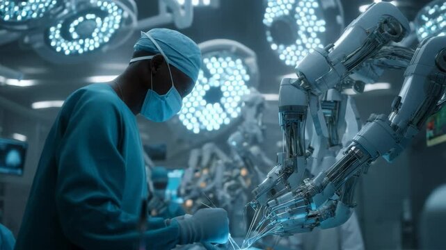 Surgeon using robotic surgical arms in a modern operating room setting