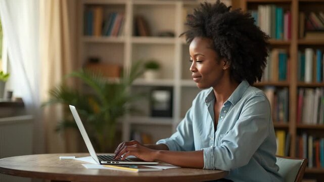 Young African woman sitting at table using laptop in cozy home office. Bright daylight, bookshelf, and plants create a comfortable remote work atmosphere. Productive and modern workspace.