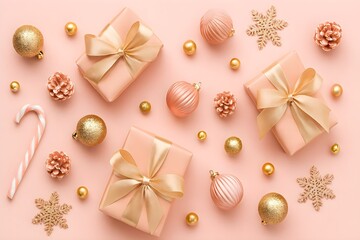 Pink Christmas Holiday Scene with Gifts, Ornaments, and Gold Balls on Soft Pink Background