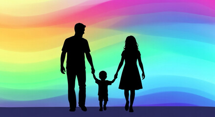 Fototapeta premium Cartoon-style silhouettes of parents and child walking together, colorful background, no facial features.