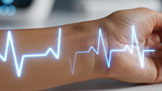 Heartbeat pulse animating on womans arm in extreme closeup. Digital ECG waveform glowing on skin. Vital signs monitoring and health visualization concept.