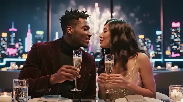 A romantic couple enjoys a luxurious dinner for two at an upscale restaurant with a breathtaking city skyline view, capturing the essence of a special occasion or milestone celebration evoking.