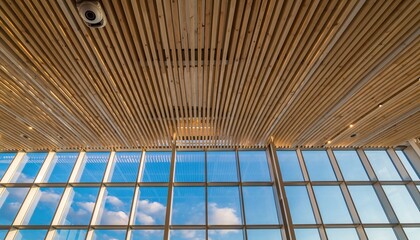 Modern Architectural Design with Wood Slats and Large Glass Windows Reflecting Sky.