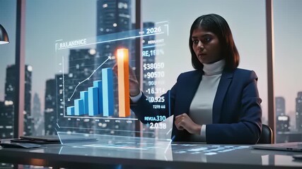 Businesswoman analyzing financial data with precision, surrounded by screens and graphs, embodying the concept of thorough market trend analysis, perfect for representing a meticulous approach.