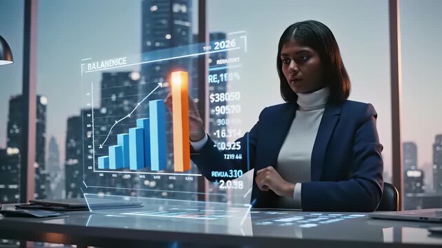 Businesswoman analyzing financial data with precision, surrounded by screens and graphs, embodying the concept of thorough market trend analysis, perfect for representing a meticulous approach.