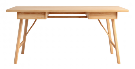 Minimalist desk with clean lines and light wood finish, isolated on transparent background, modern workspace furniture