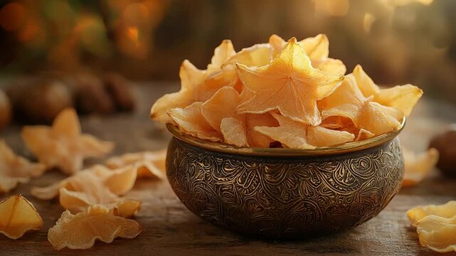 dried starfruit slices in a traditional indian brass spice container video