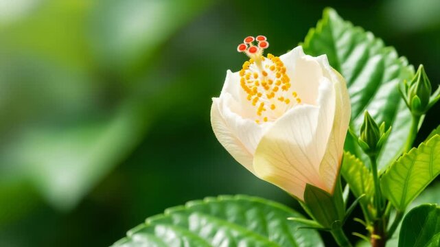 Creamy white hibiscus bud opening against green foliage background