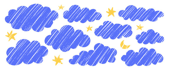 Crayon cloud with moon and stars hand drawn vector texture illustration set isolated on white.