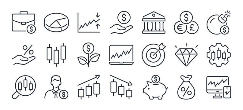 Stock market and financial investment editable stroke outline icons set isolated on white background flat vector illustration. Pixel perfect. 64 x 64.