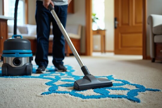 Janitor crafting intricate designs in carpet using specialized vacuum cleaner.