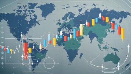 Illustration of a world map overlaid with colorful candlestick stock charts, analytics data and infographics, symbolizing global finance, trading and economic trends in a digital environment. - Powered by Adobe