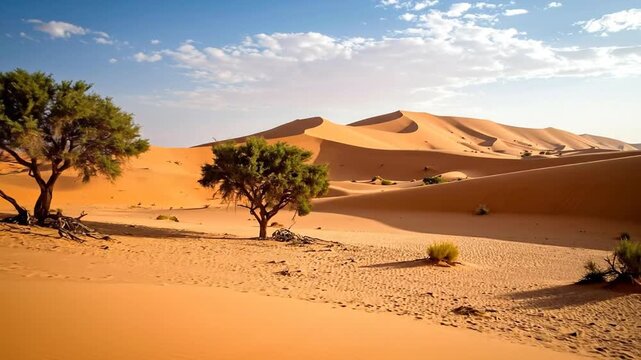 Desert Landscape: Sand Dunes, Trees, and Blue Sky.