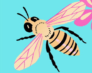 Whimsical Honeybee Flying Near Pink Flower, Cyan Background