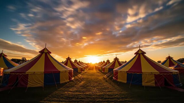 Stunning time-lapse video showcasing a colorful circus tent array beneath an amazing sunset