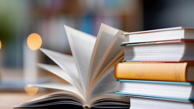 A stack of books on a table with a laptop in the background. The books are open and the laptop is turned off. Scene is focused and studious