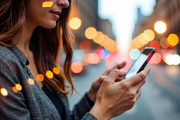 Woman Typing on Phone with Vibrant Cityscape Reflection in the Background