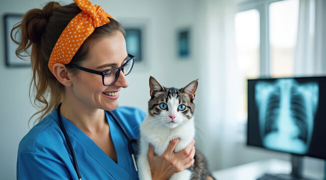 Veterinarian smiles holding tabby cat in x ray room. Medical professional wears blue scrubs. Computer displays chest x-ray scan. Animal care clinic setting. - Powered by Adobe