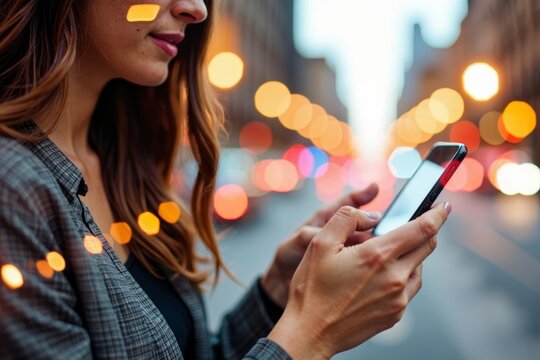 Woman Typing on Phone with Vibrant Cityscape Reflection in the Background