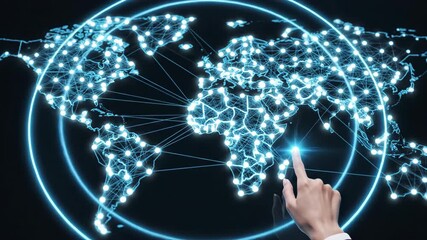Hand selecting glowing points on digital world map. Sequence shows global network activation from location highlight to interconnected lines. Business technology for international connectivity - Powered by Adobe