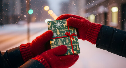 Two hands exchanging a Christmas gift in snowy winter evening  