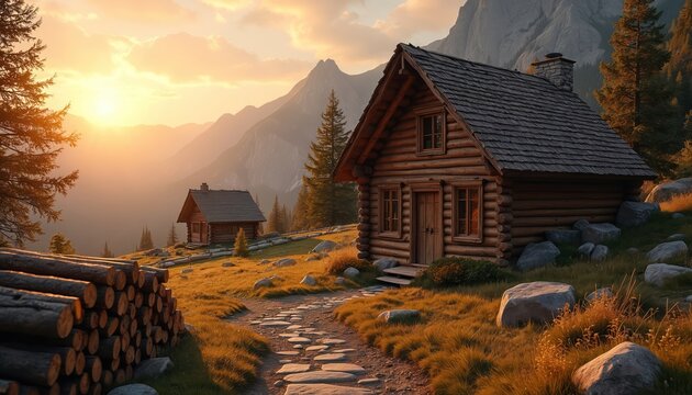 Rustic log cabin sits on grassy hill. Stone path leads to wooden home. Mountains and trees are in background. Sun sets casting warm golden light on landscape.