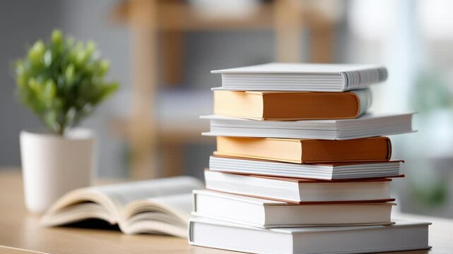 A stack of books on a table with a potted plant in the background. The books are of various sizes and colors, and the potted plant is green and placed on the left side of the table