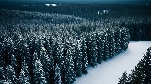 A serene winter scene featuring a dense forest covered in snow, ideal for use as a background or in a landscape design