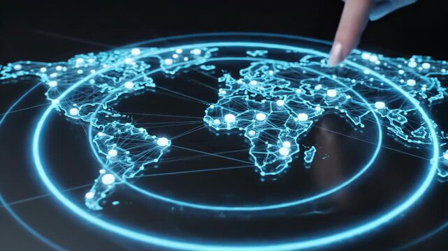 Hand interacting with digital holographic world map. Global network visualization focusing on african region. Technology concept for geospatial data and international connectivity exploration.