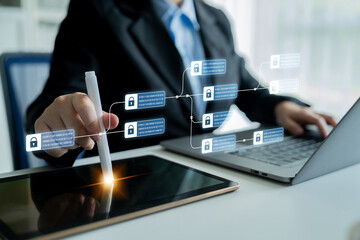 Blockchain structure showing distributed data blocks linked with encryption, representing secure transaction verification, decentralized control, and immutable record system Latch