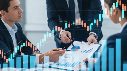 Professional business team discussing financial charts, stock market graphs, and analytics in a corporate meeting. Concept of investment, teamwork, and economic growth. - Powered by Adobe