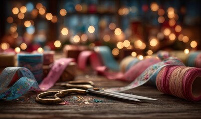 Crafting supplies on a rustic wooden table for wrapping festive winter holiday presents, with sparkling bokeh lights background