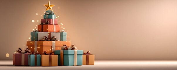Stack of colorful gift boxes forming a christmas tree shape with a star on top, surrounded by glowing bokeh lights