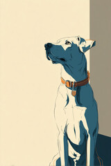 Stylized blue-shaded dog sitting in dramatic light with an orange collar against a minimal beige background