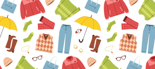 Vector seamless pattern with fashionable colorful clothes in flat style.  Shopping mall, sale.