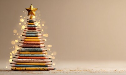 Pencils stacked shaping a festive christmas tree, crowned with a golden star and sparkling lights. Celebrating winter holidays, art, and creativity