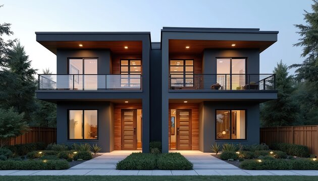 Modern duplex house exterior at dusk. Two identical two story homes with balconies and wood accents. Lush landscaping surrounds the clean architecture.