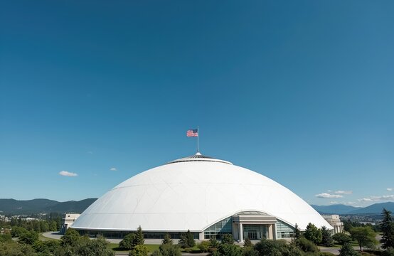 Large white dome building with American flag on top under clear blue sky. Surrounding green trees, distant mountains and city skyline visible.