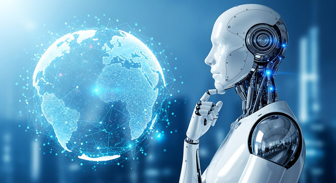 Futuristic Robot Contemplating a Digital Earth, Symbolizing Global AI and Advanced Technology