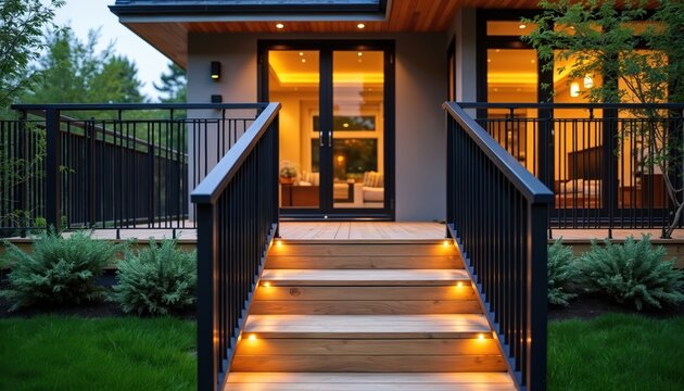 Modern house exterior with wooden deck and stairs. Black railing on the terrace. Entrance to building at night with light. Home with green garden backyard and lawn.