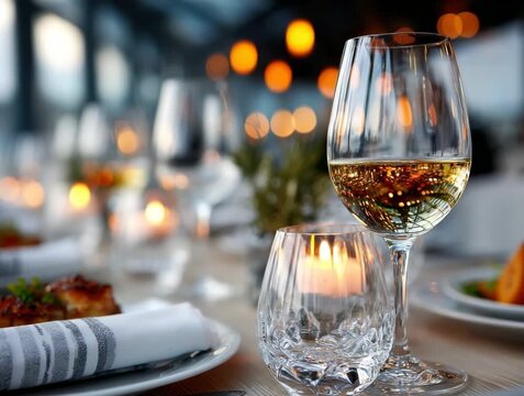 Elegant dining with wine and candlelight in a beautiful restaurant setting at sunset