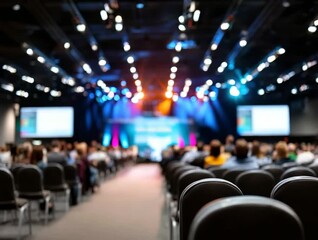 Engaging crowd at a conference with expert speakers in bright, colorful lighting