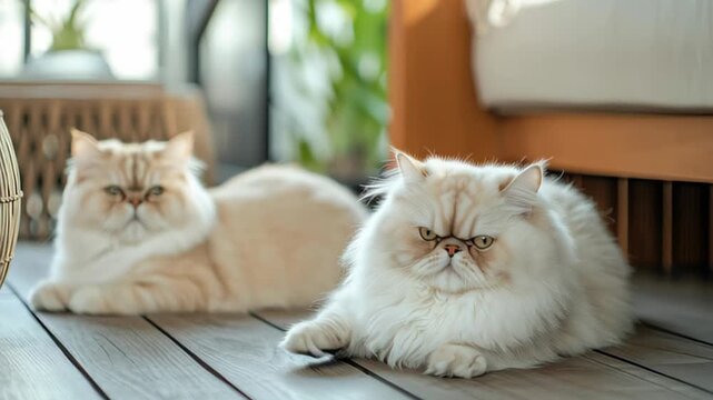 Fluffy cats lounging indoors under natural light in a cozy setting