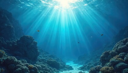 Fototapeta premium Sunlight streams into deep blue ocean water, illuminating coral reefs and small fish. Underwater seascape with marine life and aquatic coral formations. Vast oceanic depth below bright sunbeams.