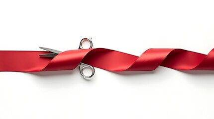 Scissors cutting a red ribbon, grand opening symbol, isolated on white background