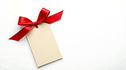 Blank gift tag with red ribbon bow, isolated on white background